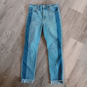 Hollister High Rise Skinny Ankle Fray Crop Step Hem Two Tone Denim Blue Jeans